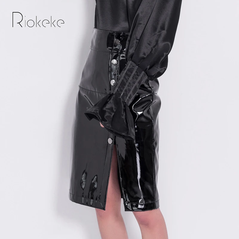 Riokeke Кнопка разрез Для женщин юбка Bodycon кожаная в стиле панк Высокая Талия сезон: