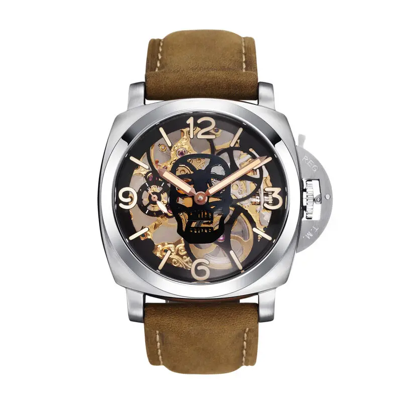 Parnis SKULL Seriers Luminous Mens Leather Watchband Fashion Mechanical Watch Wristwatch