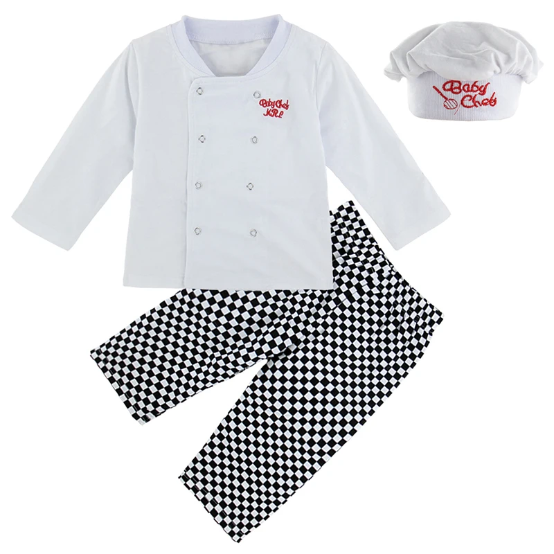 

3PCS Baby Boy cook Cosplay Clothing Set Bebe Chef Carnival Costume Toddler boys Embroidered White Top Plaid Pants with Hat