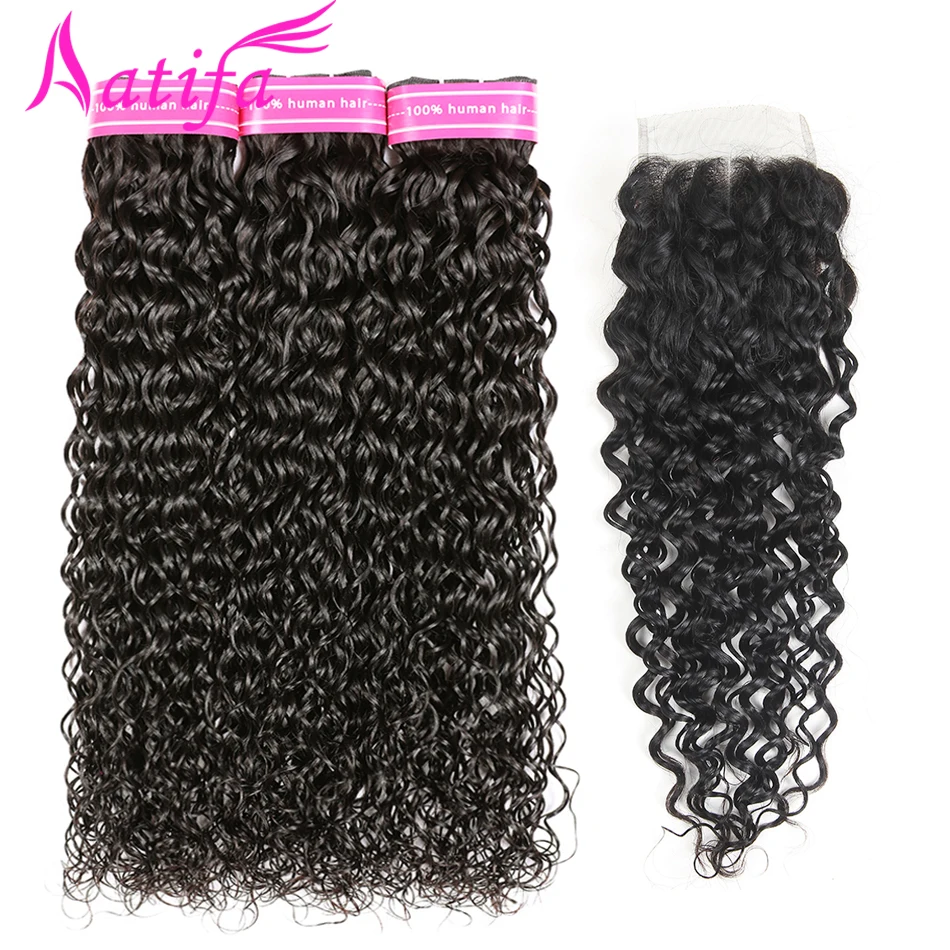 Peruvian Water Wave Bundles With Closure 4X4'' Human Hair 3 Bundles With Closure Nonreny Aatifa Hair with Lace Closure