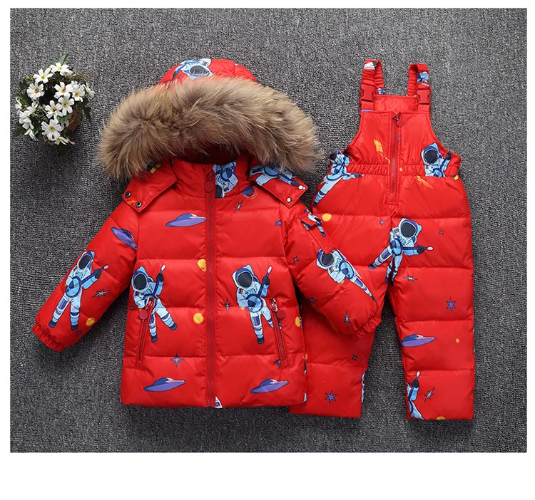 30 Degrees Winter Children Down Jacket Clothing Sets Furry Collar Girls Down Jackets+ Overalls Kids Warm Suit For Boys