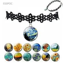 Hollow Designs Choker Necklace Art Van Gogh Starry Night Painting Pendant Sunflower Tibet Glass Cabochon Necklace retro velvet sunflower choker necklace