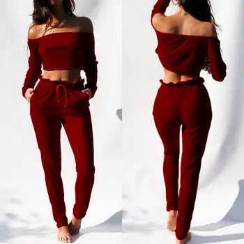 

Women Clothes Set Red Long Sleeve Crop Top Blouse Off Shoulder Shirt Pants Leggings Trouser Pajamas Outfit 2pcs