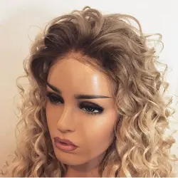 DLME блондинка вьющиеся 180% Плотность синтетические волосы на кружеве парик с натуральными волосами Синтетические Glueless Ombre искусственные