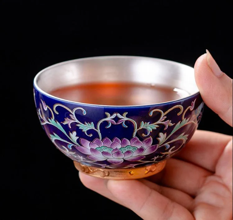 60 мл-150 мл Цзиндэчжэнь 999 Серебряная чайная чашка ручной работы Керамическая Эмаль Цветочный узор чашка чайная церемония посуда для напитков чайная посуда как Декор подарки