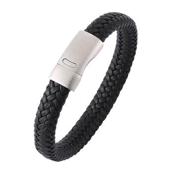 Pulsera de cuero trenzado negro para hombre, brazalete de acero inoxidable y titanio, joyería para hombre, regalo Vintage PH508