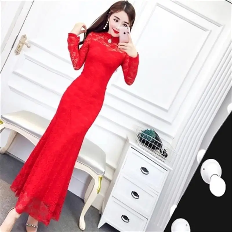 

2019 spring new Korean ladies temperament Slim package hip stand-up collar long-sleeved lace dress Ms. Fashion trend tx