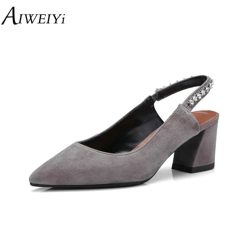 

AIWEIYi Women's Shoes Thick Heel Pointed Toe Slingback Pumps Dress Shoes For Women Sexy Suede Leather Ladies Party Dress Shoes