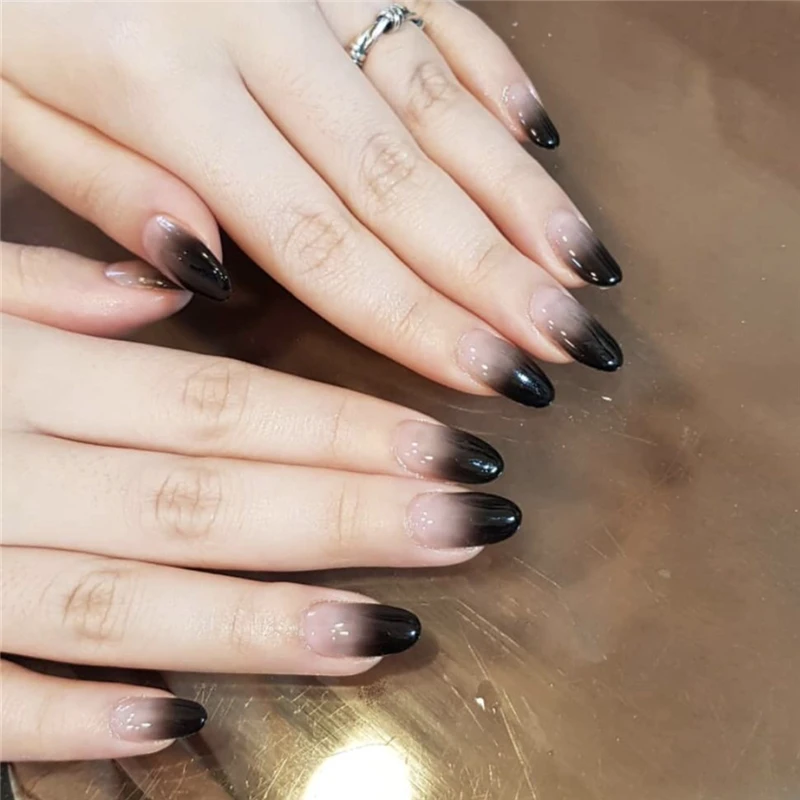 Инс градиентный черный чистый цвет накладные ногти французский 24 шт средней длины размер круглые накладные ногти для девушек полные ногти невесты