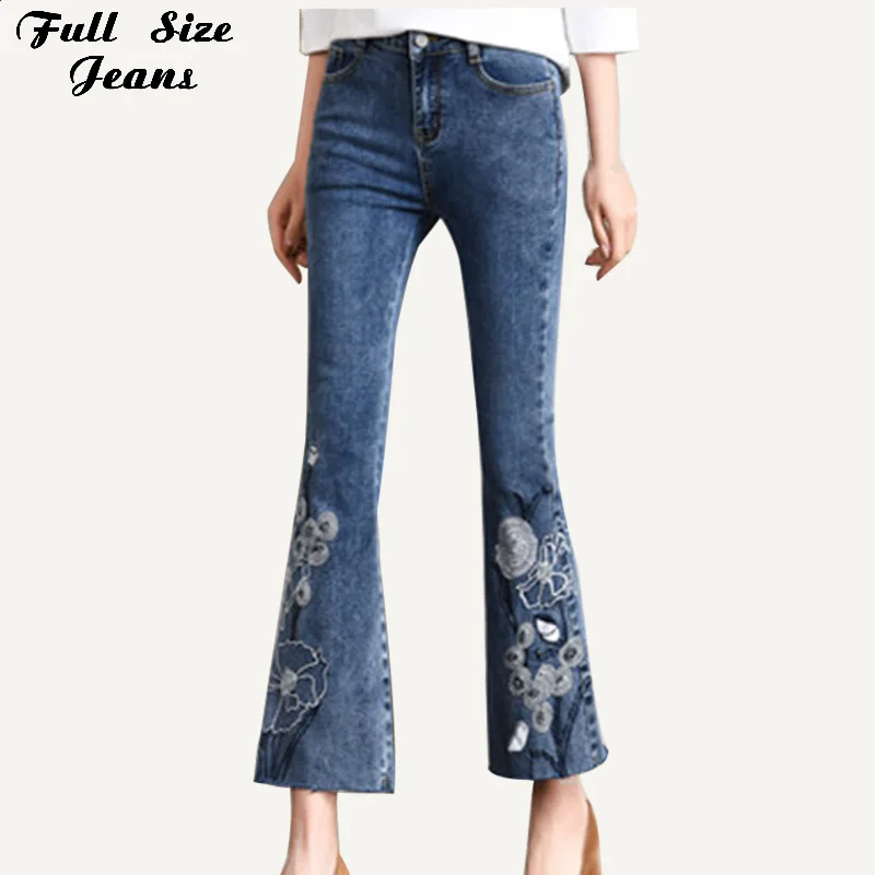 

Plus Size Korea Floral Embroidery Flare Leg Ankle Length Jeans 4Xl 5Xl 7Xl Summer Skinny Stretch Vintage Blue Capris Denim Jean