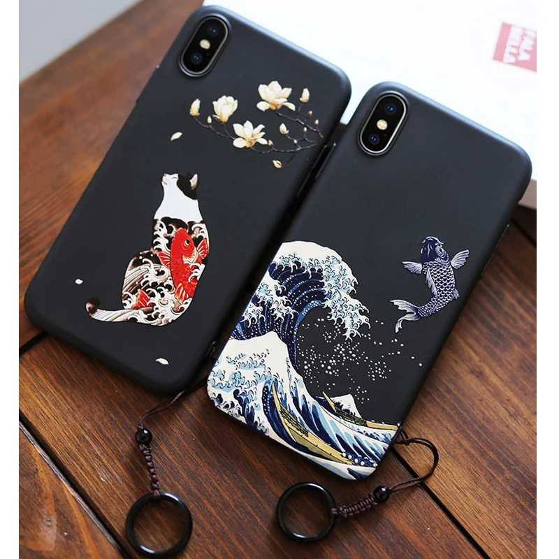 

Fashion Great sea cat WAVA pattern Phone Case For iPhone 7 8 Plus X 10 Xs MAX XR matte Soft silicone tpu Embossed Cover
