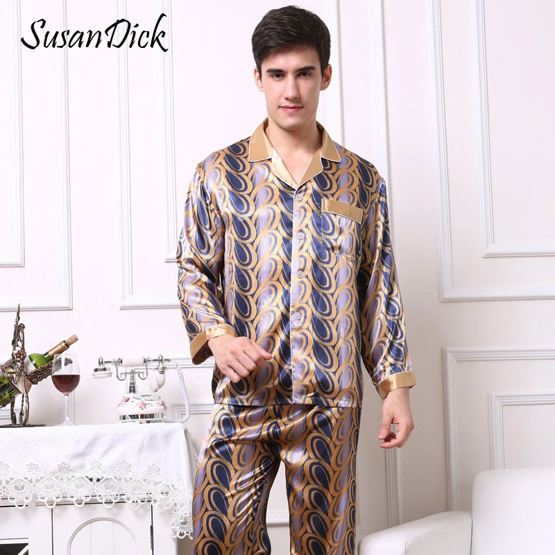 SusanDick благородный шелк Для мужчин пижамы с длинными рукавами и принтом элегантные мужские ночное сна Одежда Осень Китай Satin Pajama Set