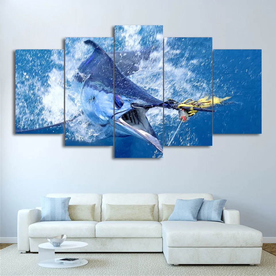 5 Panel Jumping Marlin Modern Decor Wall Art Canvas HD Print 