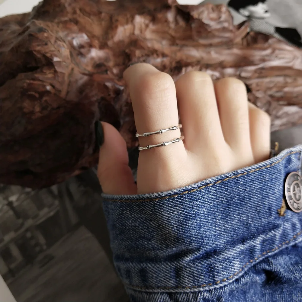

100% Authentic S925 Sterling Silver Fine Jewelry Double Rows bamboo joint rings Punk Rock Slim Thin J238