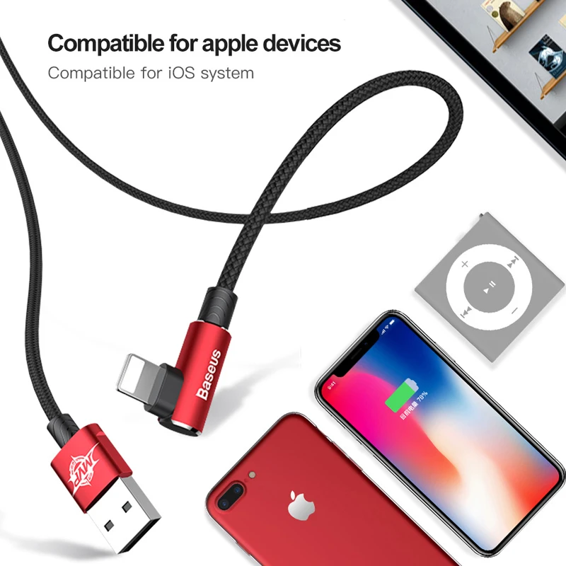 Baseus 90 градусов быстрая зарядка USB кабель для iOS системы USB кабель для передачи данных кабель для зарядного устройства для iPad iPhone 6 7 8 плюс кабель для мобильных данных