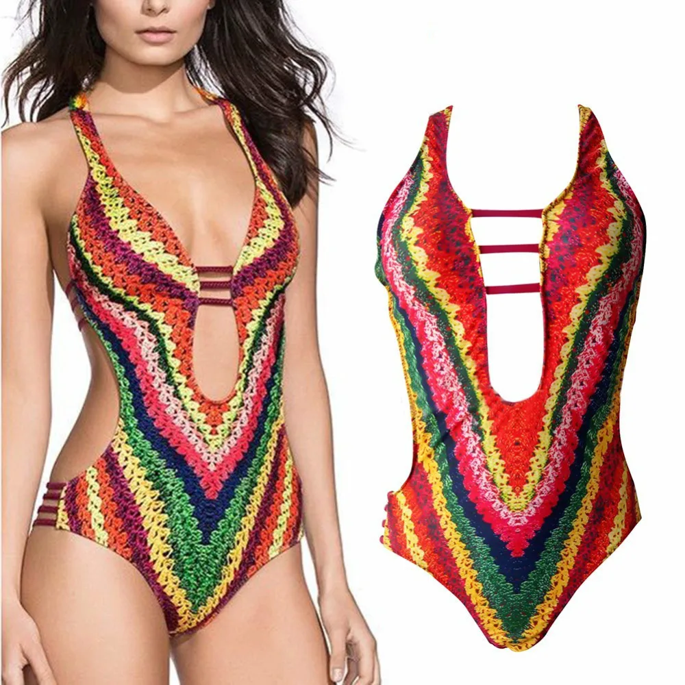 

One-piece Swimsuit 2018 Sexy Women Bandage Printing Stripe Beachwear Bathing Suit Monokini Swimming Bodysuit Plus Size