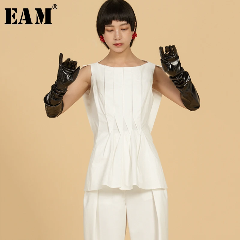 

[EAM] 2019 New Spring Summer Round Neck Sleeveless White Pleated Split Joint Loose Shirt Women Blouse Fashion Tide JU821
