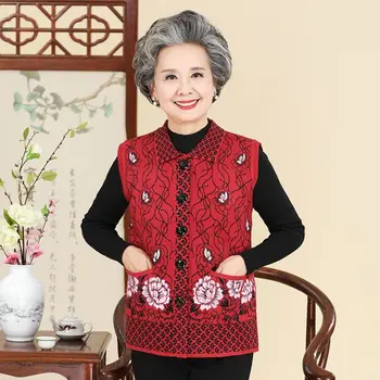 

Vest 2020 New Spring Autumn Women Vest Sleeveless Turn Down Collar Knitted Tanks Mother Plus Size Tops Veste Femme Waistcoat