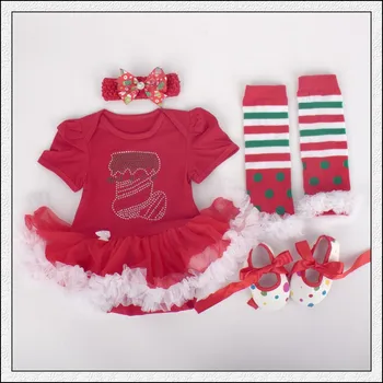 

4PCs per Set Christmas Outfit Rhinestone Socks Pattern Baby Girls Tutu Dress Headband Shoe Leggings for 0-12months Free Shipping