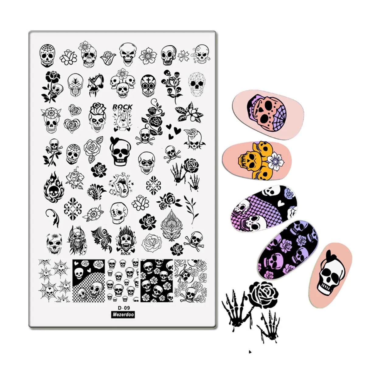 Big Rectangle Stamping Plate Rock SKull Rose Pattern Manicure Halloween Nail Art Stamp template Stencil Tools 9.5*14.5CM D09