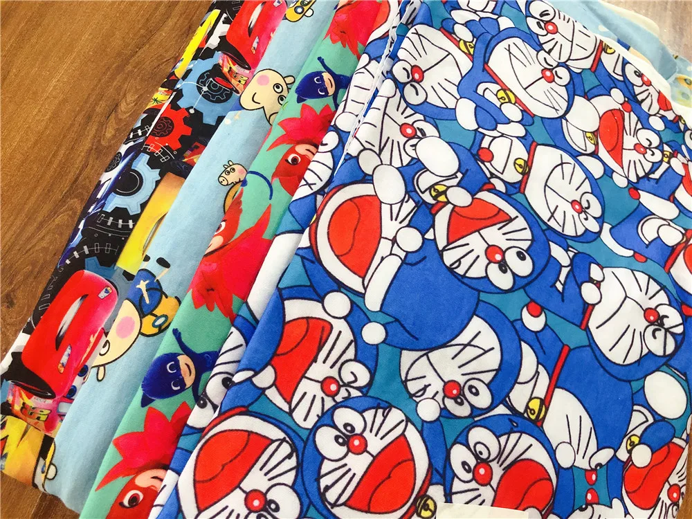 

50*150m Cartoon Doraemon car pig elastic knit cotton fabrics Patchwork DIY baby clothing material Sewing summer T-shirt