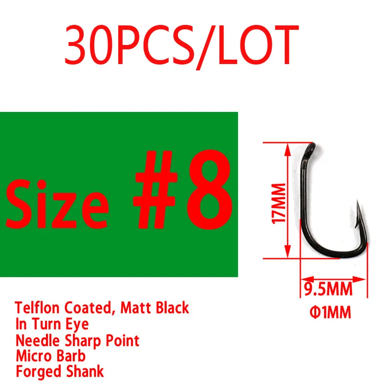 30pcs size 8 JIGEECARP 30pcs High Carbon Steel Carp Fishing Hooks Teflon Coating Carp Hooks BNR Matt Black Hook for Carp Coarse Fishing - Цвет: 30pcs size 8