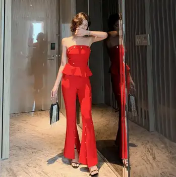 

Red Bandage Two Piece Set Tops and Pants Strapless Crop Top and Bodycon Flare Pants 2 Piece Set Women Outfits