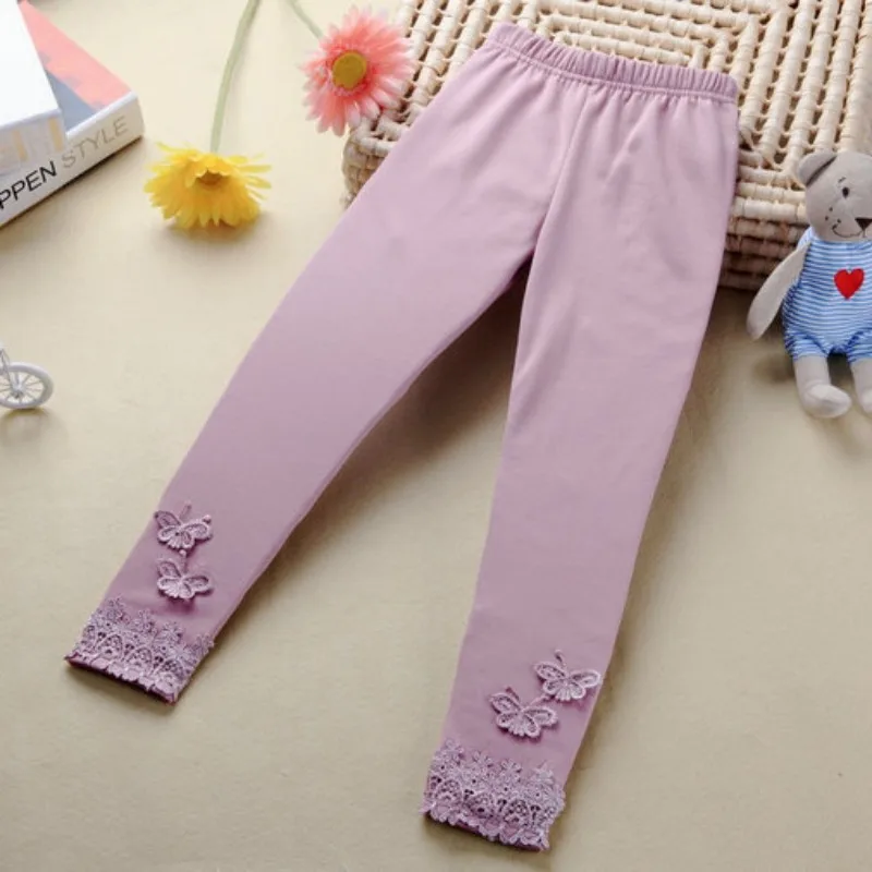 Детские осенние Однотонные эластичные штаны с кружевом и бабочками для маленьких девочек Теплые брюки для девочек плотные однотонные леггинсы для малышей