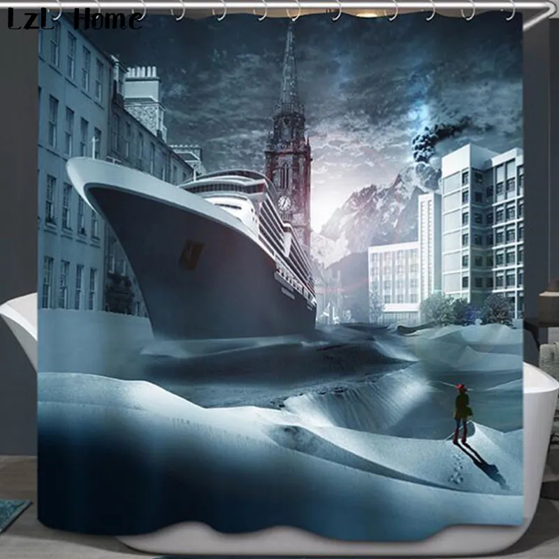 

LzL Home Submarine 3D Shower Curtain Creative Rail Building Pattern Bathroom Curtain Polyester Fabric Funny Design Home Decor