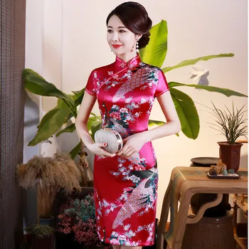 

Hot Pink Female Oriental Vintage Show Cheongsam Peacock&Flower Print Short Qipao Satin Chinese Lady Evening Dress Gown S-6XL