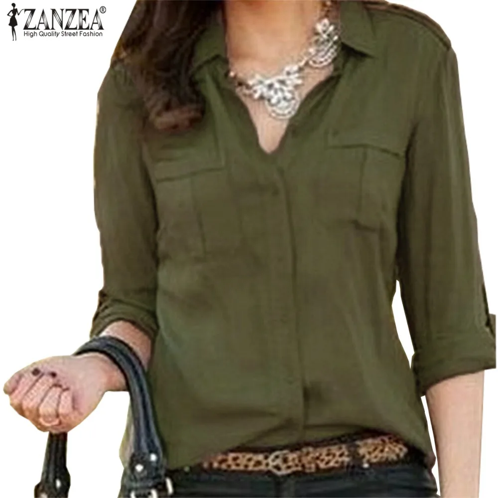 Women Button Turn-down Collar Blouse Ladies Casual Long Sleeve Pocket Solid Chiffon Shirts Tops Vintage Loose Blusas Femininas