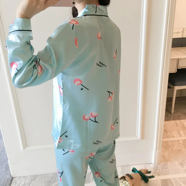 Весна Осень шелковая атласная пижама с принтом наборы для ухода за кожей для женщин с длинным рукавом Пижама домашняя одежда Pijama Mujer
