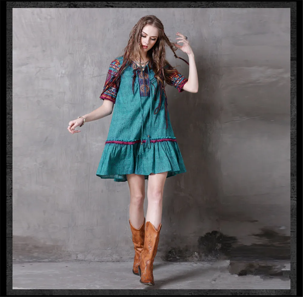 Vintage Women Summer Dress 2017 Boho New Denim Vestidos V-Neck A-line Embroidery Loose Natural Waist Thin Sundresses  (13)