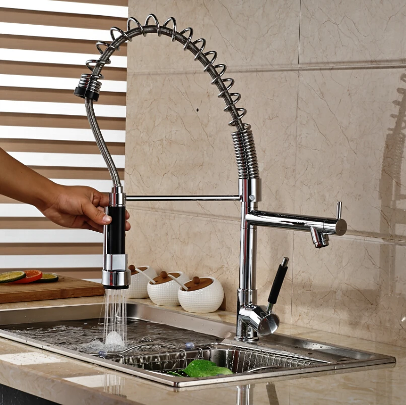 

Chrome Polished Pull Down Spray Kitchen Two Spouts Sink Faucet Single Handle Mixer Tap