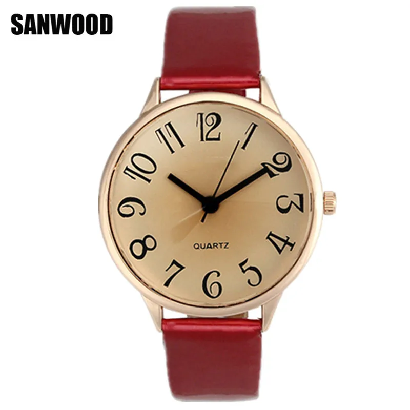 

Fashion Female Clock New Brand SANWOOD Simple Red Leather Strap Quartz Wrist Watch For Women montre femme marque de luxe 6 Color
