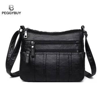 

New Fashion Women Crossbody Bag Black Soft Washed Leather Shoulder Bag Patchwork Messenger bags for women 2019 Dropshipping