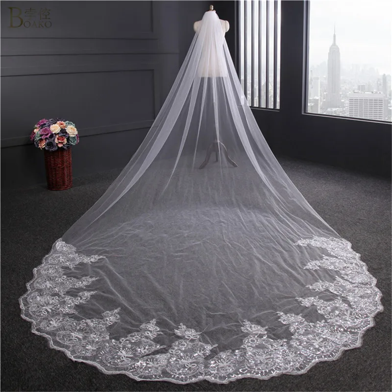 

BOAKO Sequined Wedding Veil With Comb Long 4 Meters One Tier Shining Sequins Lace Edge Bridal Veils Cathedral Women Veil Jewelry