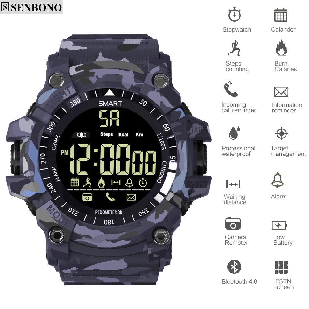 SENBONO Bluetooth Смарт часы спортивные Шагомер водонепроницаемый IP67 Спортивные Цифровые Смарт часы Relogio Masculino для ios Android телефон