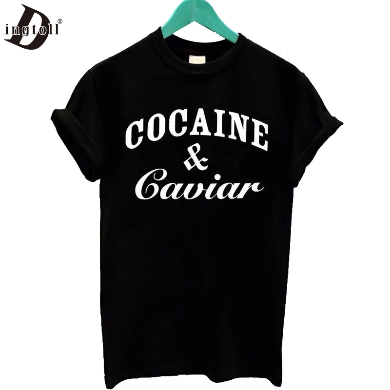 

Dingtoll COCAIN AND CAVIAR Black White Women Sexy t shirt Summer tops Casual tees Fashion t-shirt plus size WMT131