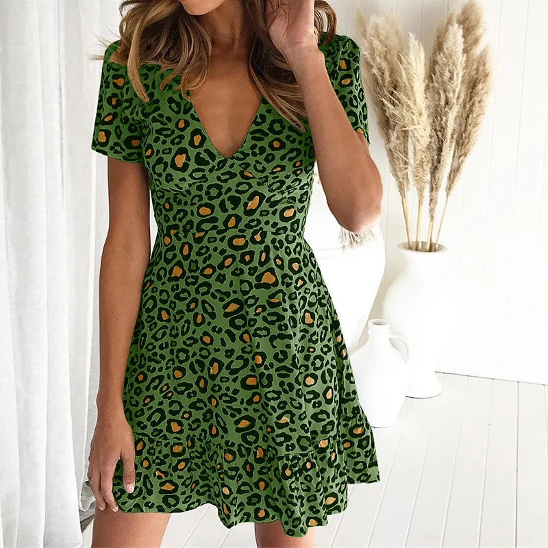 Forefair Print Leopard Dress sexy women short sleeve v neck Ruffle high waist Hem mini a line casual summer dress 2019 vestidos (19)