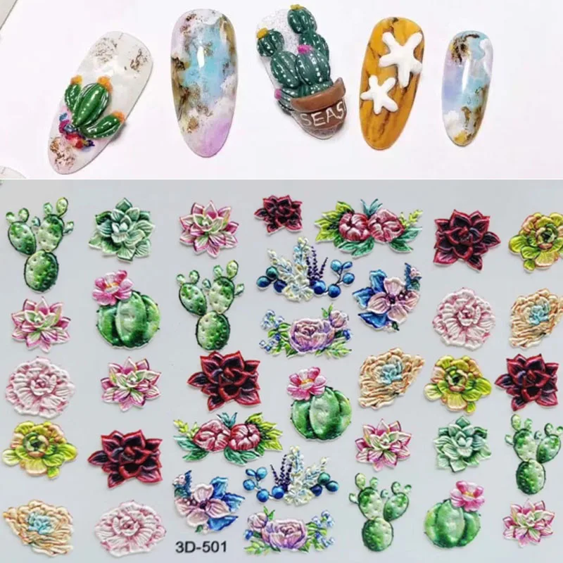 Модная 3D наклейка s акриловая Выгравированная Цветочная растительная наклейка для ногтей рельефные цветочные наклейки для ногтей эмаистичные наклейки для ногтей