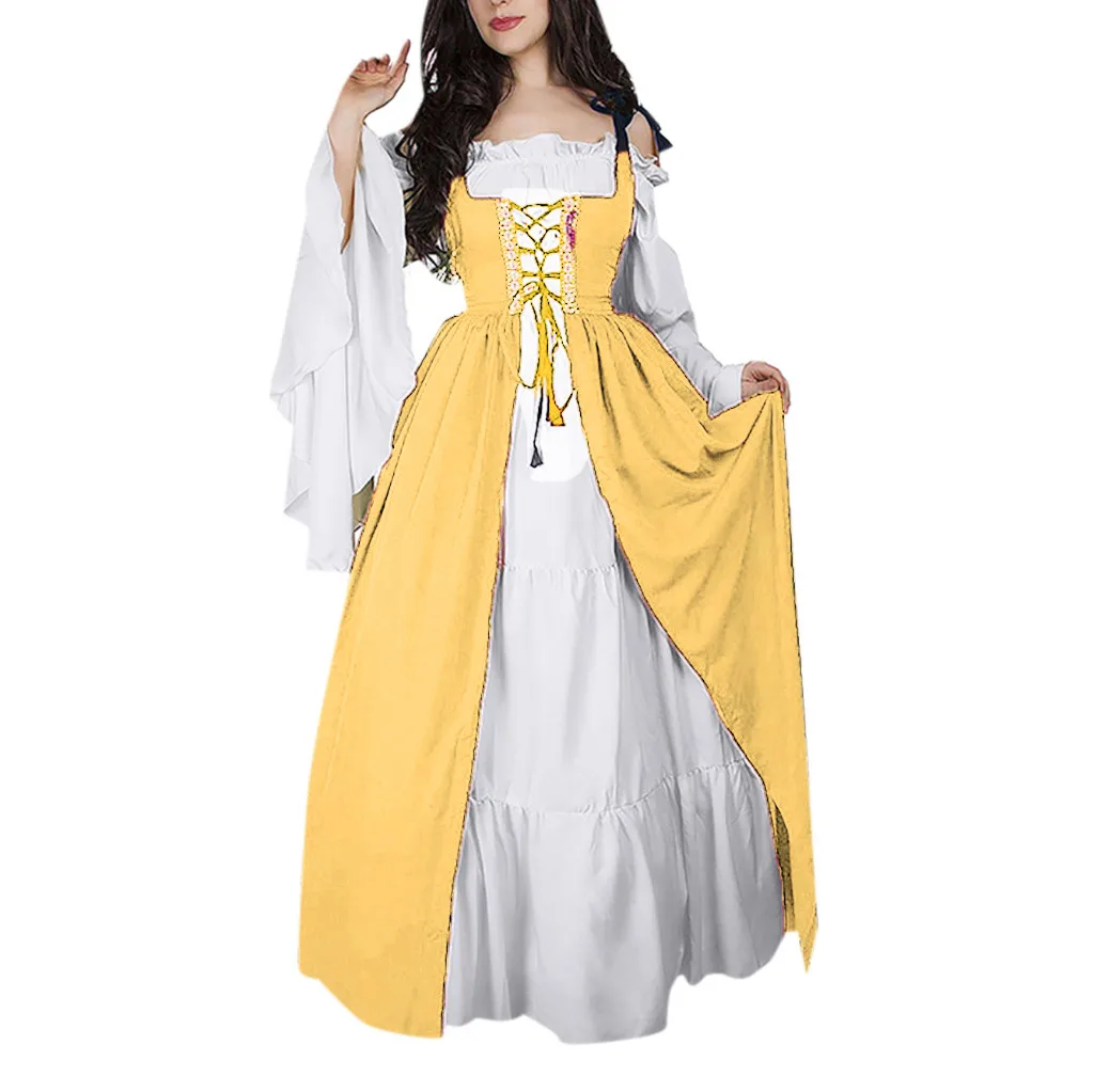 Женское Бандажное корсетное винтажное платье в стиле ренессанс с длинным рукавом и квадратным воротником, вечерние платья в стиле пэчворк - Цвет: Цвет: желтый