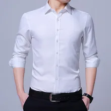 Классические мужские облегающие рубашки для работы, Мягкие Рубашки с длинным рукавом и отложным воротником, обычные однотонные мужские рубашки, белые мужские топы