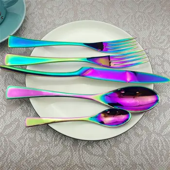 

20 30PCS/LOT Affordable Western Cutlery Set Rainbow Shiny Stainless Steel Dining Knives Forks Scoop Teaspoon Kitchen Silverware