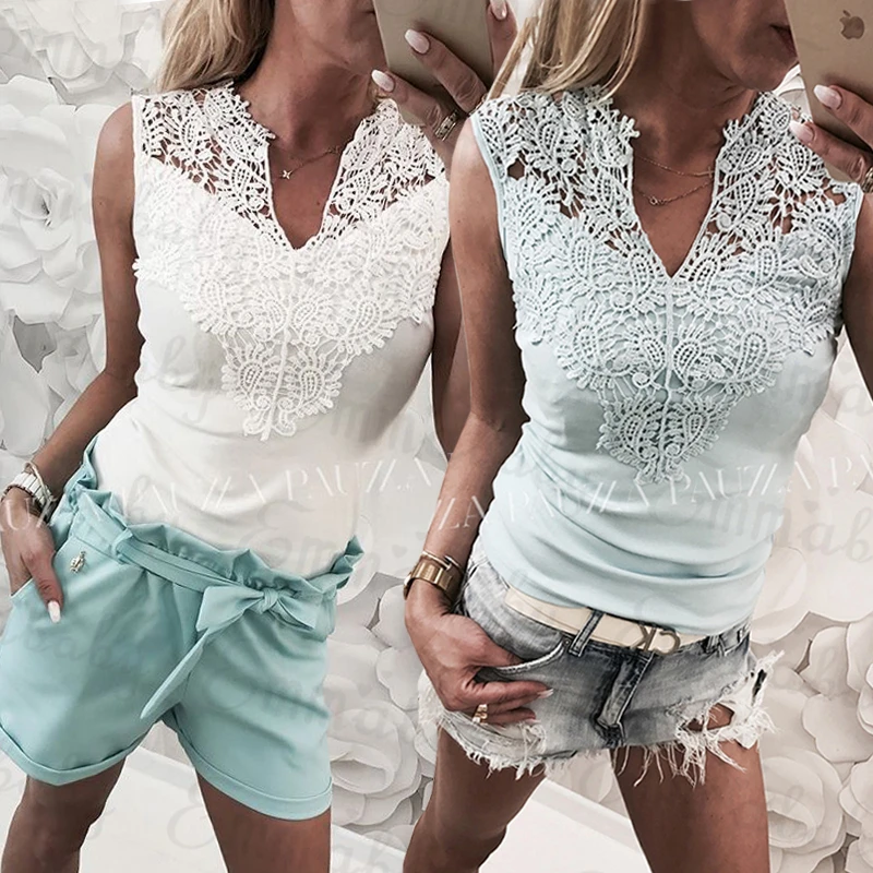 

Summer Lace Hollow Slim Casual Blouse Women Sleeveless V-neck Sexy Shirt Tops Blouses Clothes White Light Blue