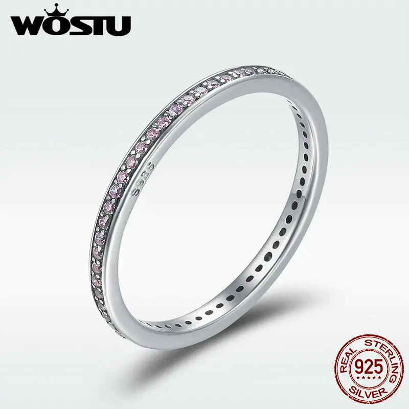WOSTU 925 пробы Серебряное штабелируемое кольцо классическое круглое ослепительное CZ геометрическое кольцо на палец для женщин обручальное ювелирное изделие