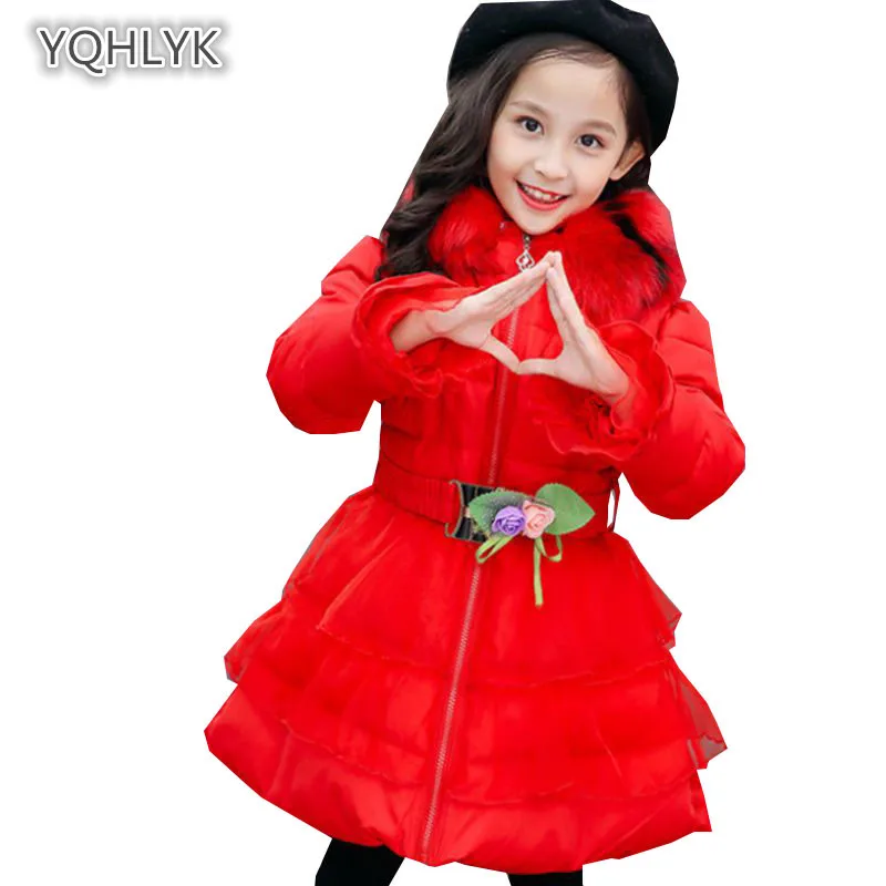 

Children's fashion winter girls cotton Korean hooded warm girl lace princess coat thick long kids Parkas Outerwear LK236