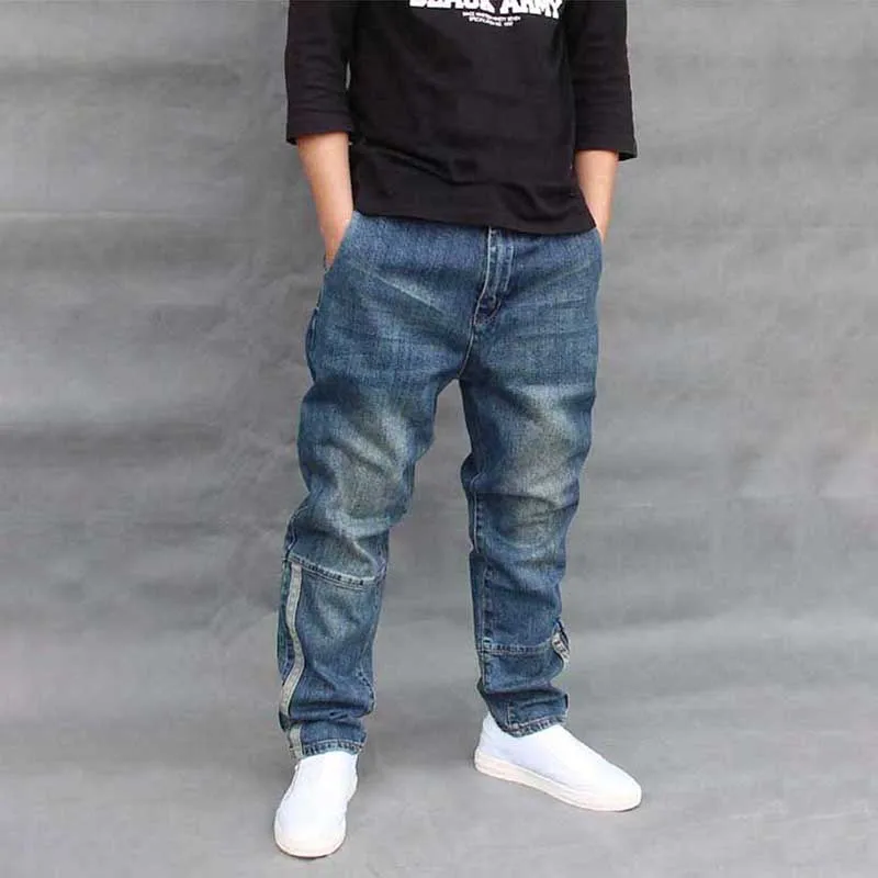Хип хоп шаровары джинсы для мужчин Свободные мешковатые Лоскутные Джинсовые штаны боковые полосы размера плюс мужская одежда джоггеры брюки