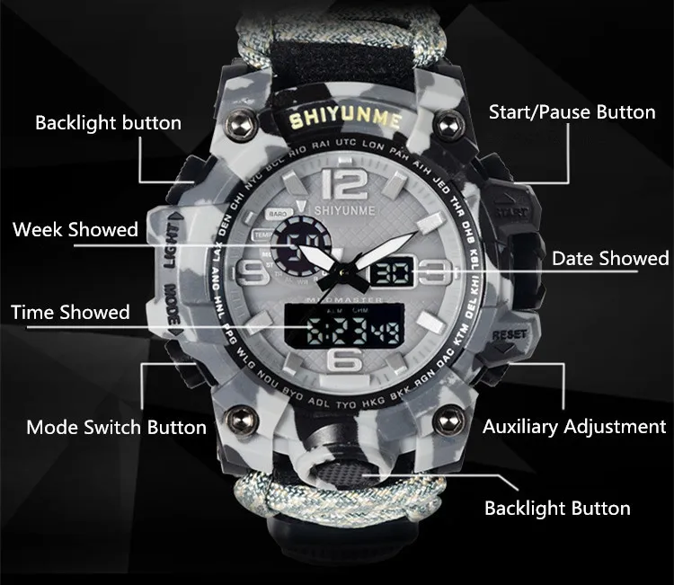 EDC Outdoor Survival Paracord Watch Waterproof Emergency Gear Camping Paracord Bracelet Knife Compass Whistle Thermometer