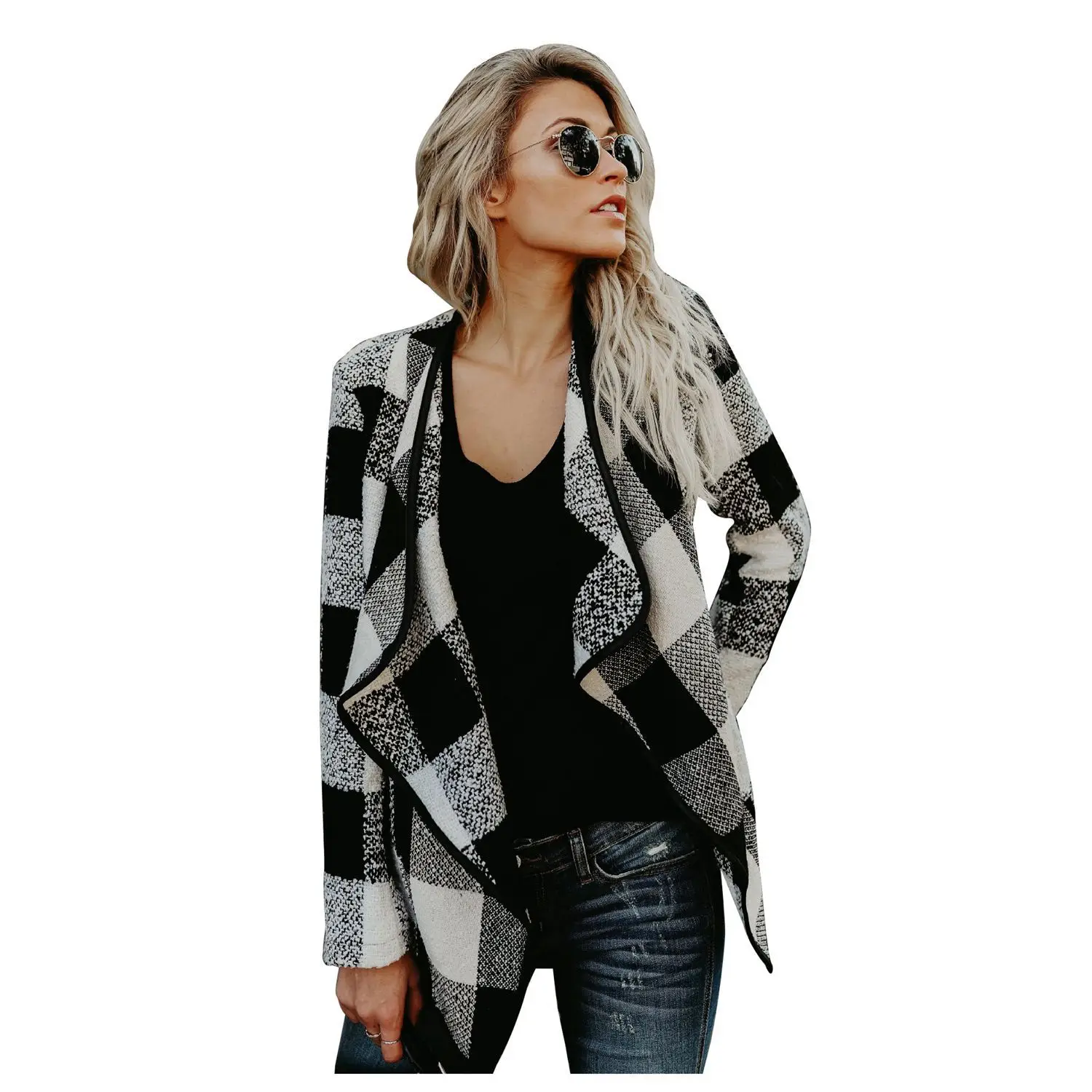 

Spring and Autumn Cardigan Wool Blend Women's Plaid Jacket Short Jacket Long Sleeve Women's Coat Women's Jacket